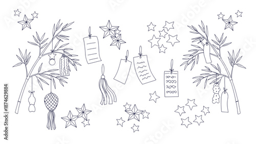 Traditional Japanese Tanabata Star Festival Outline Doodle Vector Set with Bamboo Branches