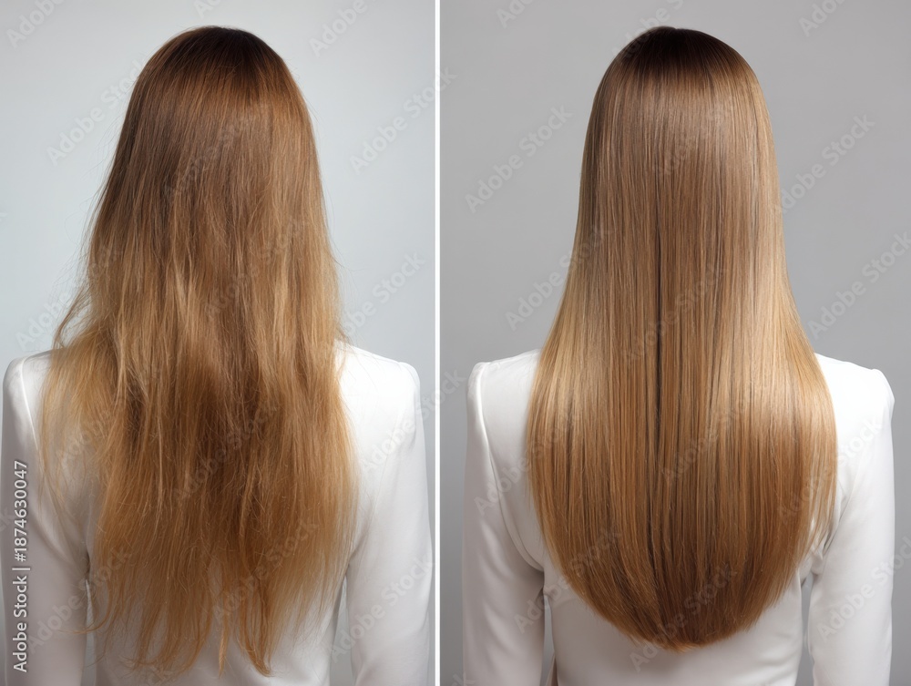 Fototapeta premium Caucasian female young hair transformation: frizzy to sleek straight