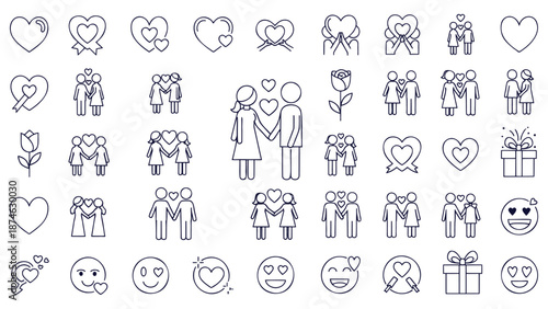 Romantic Love Relationship Couple Heart Outline Line Icons Vector Set for Valentine's Day