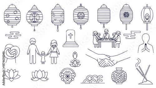 Detailed Outline Vector Icons Set Asian Festival Traditions Spiritual Remembrance Symbols