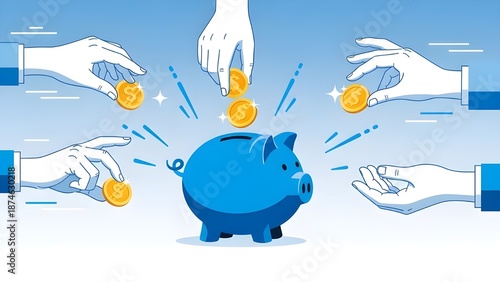 Group Contribution Concept with Hands Placing Gold Coins into a Blue Piggy Bank Savings