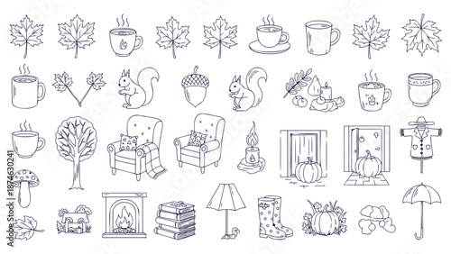 Cozy Autumn Fall Season Doodle Elements Hand Drawn Outline Vector Collection Icons