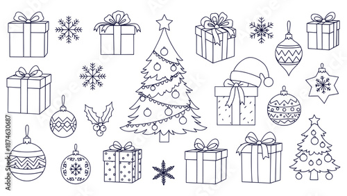 Detailed Christmas Holiday Outline Vector Set Festive Gifts Snowflakes Ornaments Tree Doodles