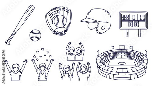 Minimalist Baseball Sport Vector Icons Set Bat Ball Glove Stadium Scoreboard Outline
