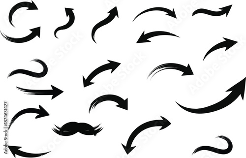 Collection of black arrows silhouette isolated on transparent background