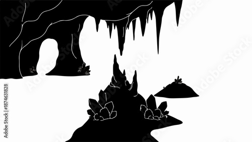 Mysterious dark cave entrance with sparkling crystals and a hidden passage