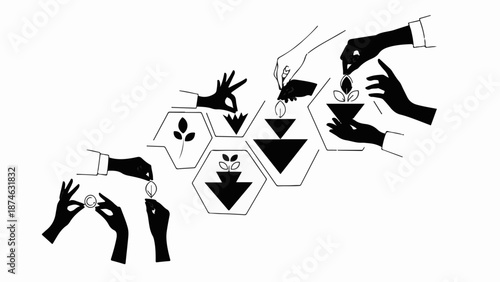 Hands contributing to growth and investment through a funnel system, symbolizing financial planning and progress.