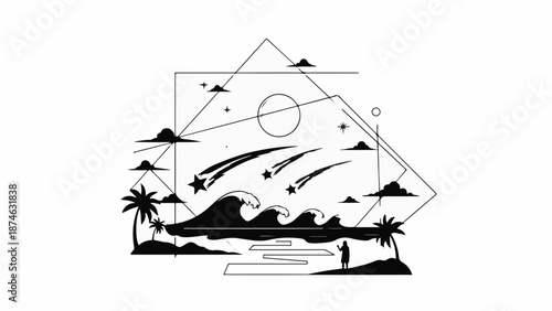 Serene beach scene with crashing waves, shooting stars, and palm trees under a geometric sky.