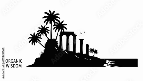 Tropical island silhouette with ancient ruins and palm trees by the sea