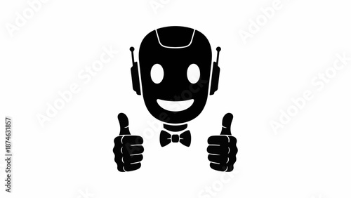 Friendly robot with a bow tie gives a cheerful double thumbs up
