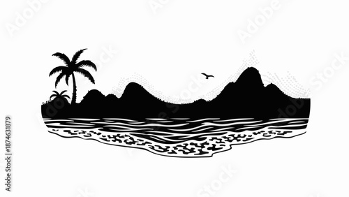 Tropical island silhouette with palm trees and ocean waves under a clear sky.