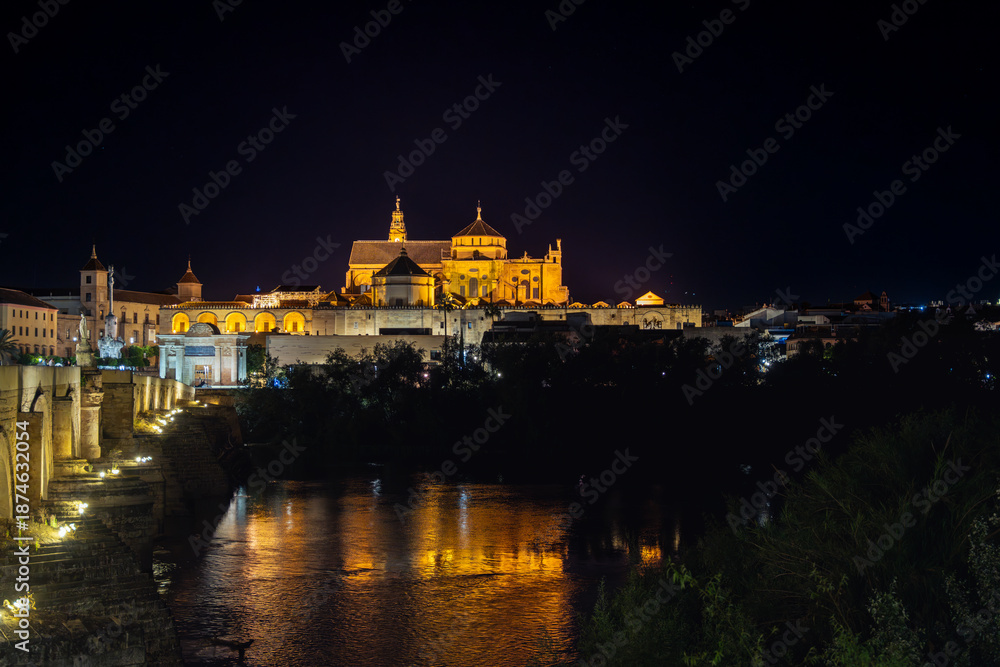 Fototapeta premium Panoramic view of the Roman Bridge and the Mosque-Cathedral across the Guadalquivir river, Cordoba, Spain. Night picture. Scenic skyline of Cordoba old town.