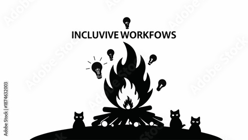 Creative ideas ignite around a warm campfire with silhouetted figures and lightbulbs symbolizing inspiration.