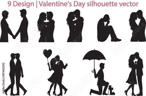 Romantic silhouettes of couples embracing and sharing intimate moments in vector illustration style
