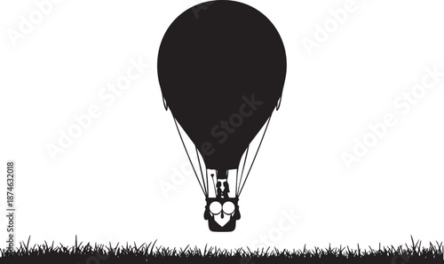 Minimalist black hot air balloon illustration floating above grassy field with silhouette style