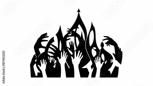 Diverse hands reach upwards towards a stylized, abstract silhouette of a cityscape or structure.