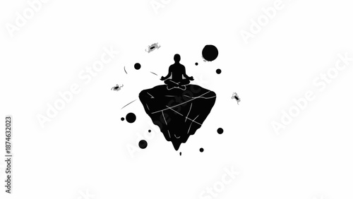 Silhouette meditating in lotus pose on a floating geometric island, surrounded by abstract celestial elements, representing peace and cosmic connection.