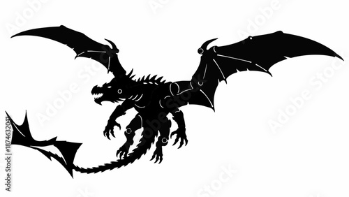 Mystical black dragon with outstretched wings soaring through the sky, a silhouette of fantasy.