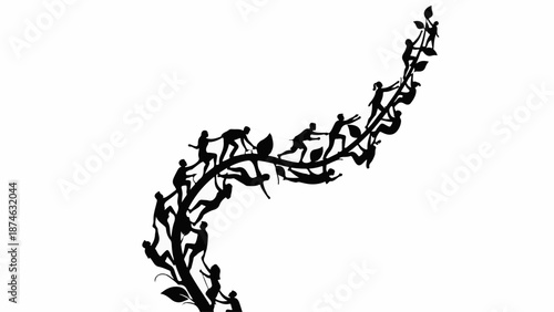 Silhouettes of people climbing a winding vine, symbolizing teamwork and growth.