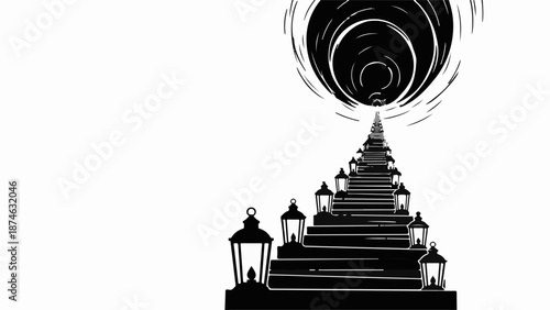 Dark mysterious tunnel vortex above a glowing lantern-lined staircase leading upwards