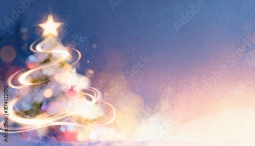 Glowing Christmas tree with a shining star on a festive background. Magical holiday winter illustration with copy space for text