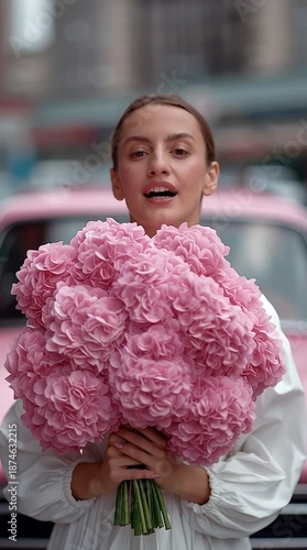 Woman in white dress holding large bouquet of pink peonies covering face, standing in front of vintage pink car on city street