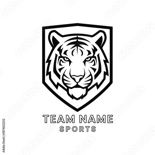 A black and white tiger head logo within a shield shape with text