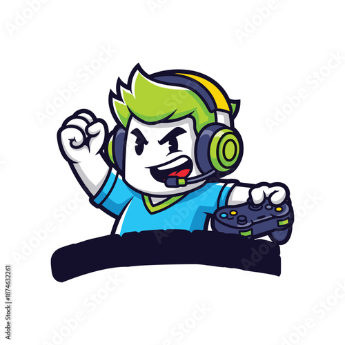 Cartoon gamer character with headset and controller displaying an enthusiastic expression