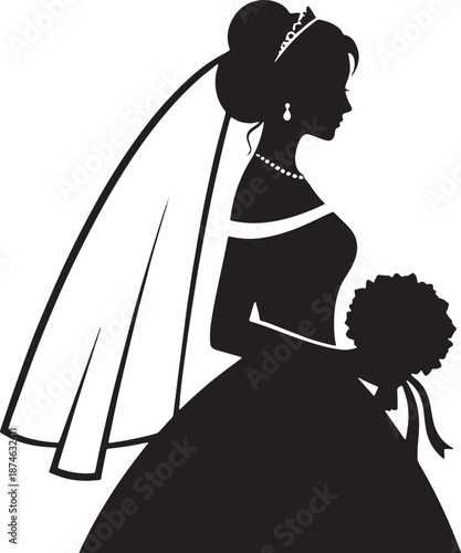Black silhouette of a bride in a wedding dress holding a bouquet