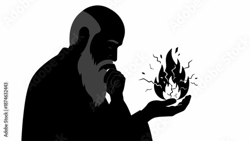 Thoughtful man holding a burning idea, symbolizing inspiration and creation.