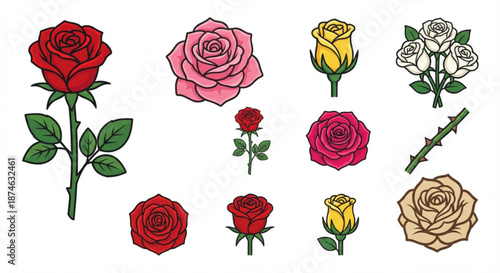 Collection of various red, pink, yellow, and white roses, including thorny stems