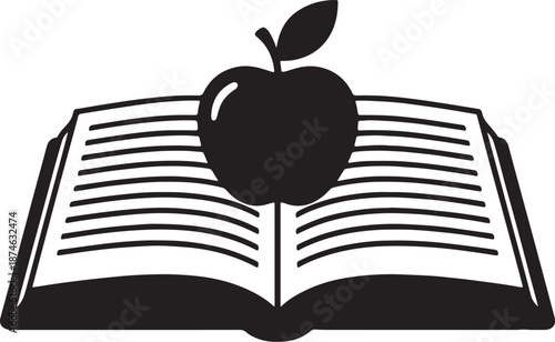Open book with a black apple on also transparent background pages