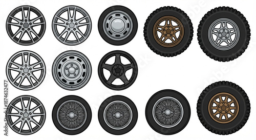 Detailed vector illustrations showcasing a diverse collection of automotive wheels, including alloy designs, steel rims, and rugged vehicle tires for various models