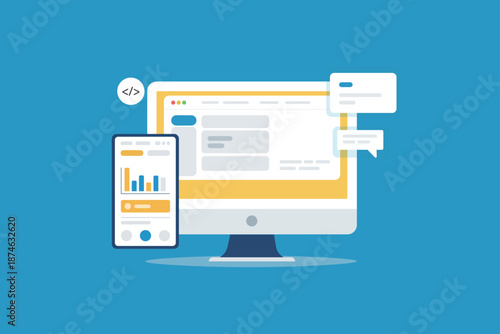 Responsive Web Development Dashboard with Desktop and Mobile UI Vector