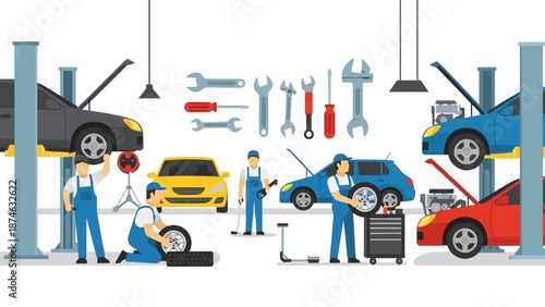 Flat design auto repair garage scene with mechanics and vehicles