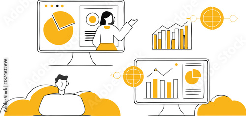 Business data visualization on multiple screens with graphs and charts