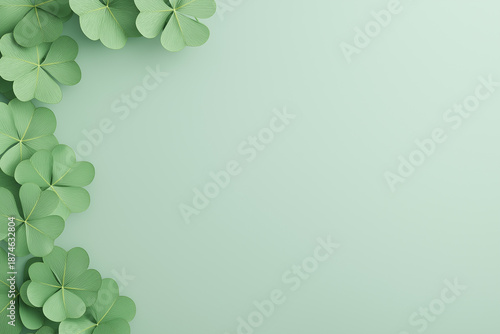 Green clover leaves arranged in a decorative pattern on a soft pastel background, creating a fresh and vibrant atmosphere with ample copy space for text