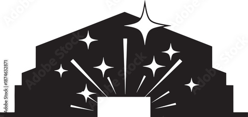 Black silhouette of a stylized theater stage with sparkling stars white