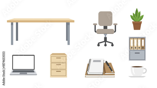 Modern office essentials collection with desk, chair, laptop, and more