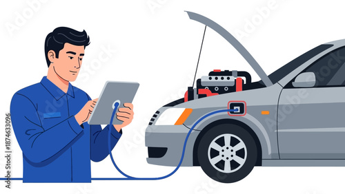Flat design electric car maintenance with mechanic using tablet