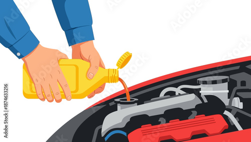 Adding engine oil to a car's engine with hands pouring from a yellow bottle