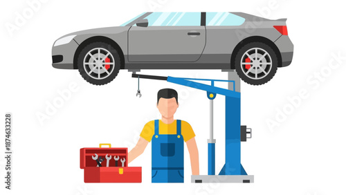 Flat design of mechanic working on car lift with tool box in auto repair shop