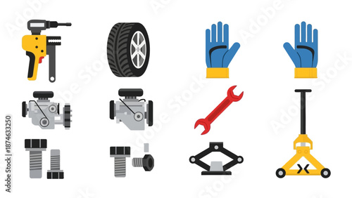 Flat style car repair tools and equipment set for garage and workshop