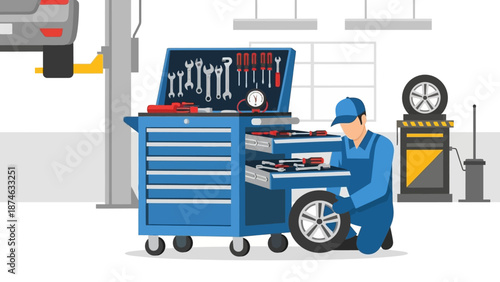 Mechanic in workshop fixing car tire with precision tools in toolbox