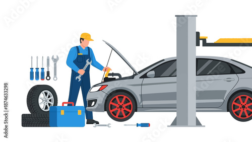 Mechanic working on automobile with tools and car lift in workshop setting