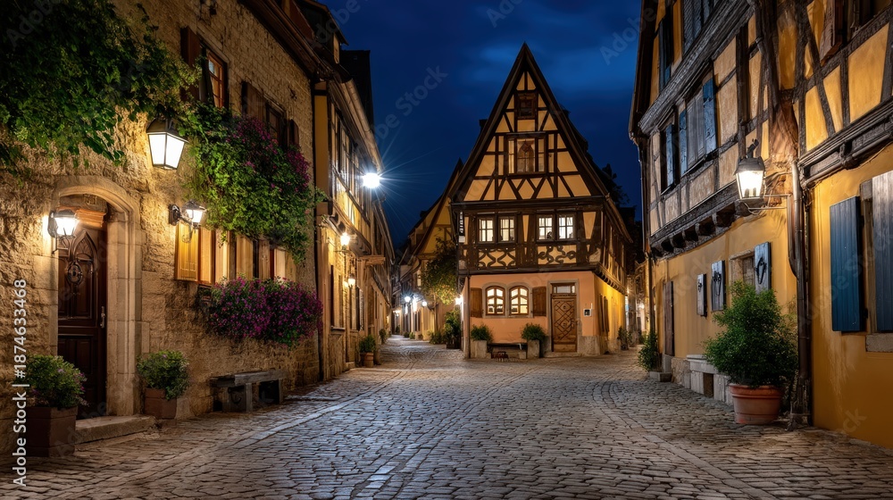 Obraz premium Romantic Night Scene of Half-Timbered Houses in a Medieval Village