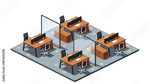Modern isometric office workspace with desks and chairs