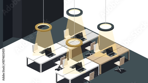 Modern office workspace isometric design with minimalistic desk arrangement and lighting