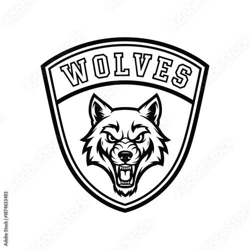A black and white emblem featuring a wolf s head and the word wolves