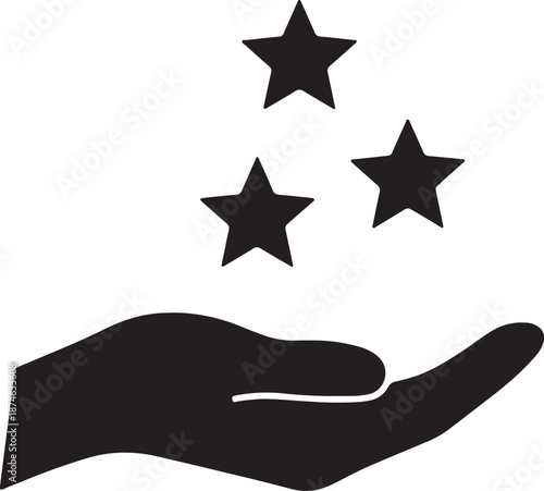 Three black stars above a black hand shape on a white background also transparent background